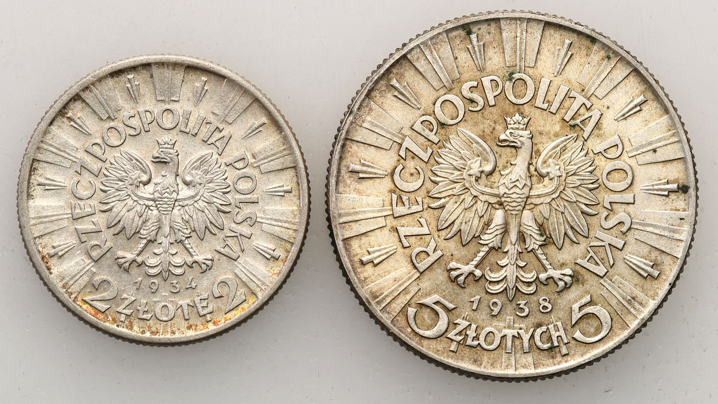 II RP. 2 złote 1934, 5 złotych 1938 Piłsudski, zestaw 2 monet